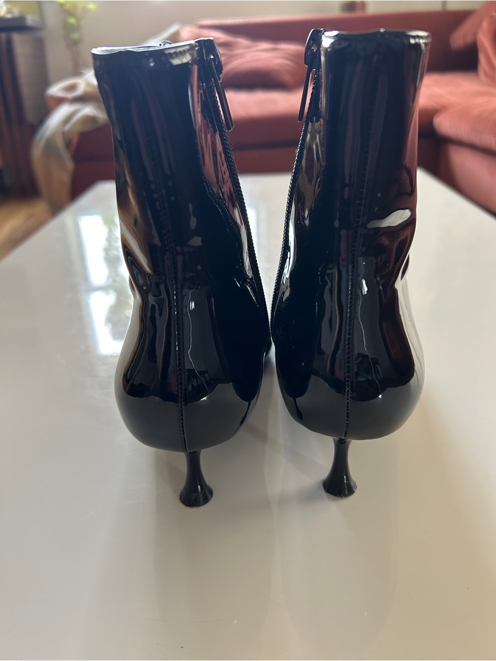 Black Patent Pointed Toe Kitten Heel Ankle Boots - Picture 3 of 6